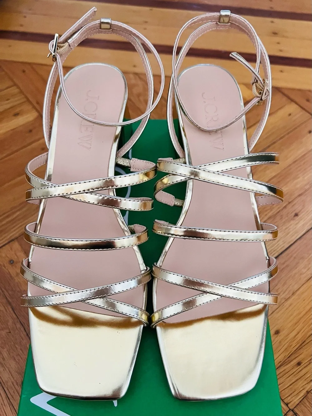 J.Crew Metallic Gold Strappy Block Heel Sandal, New, size 7.5